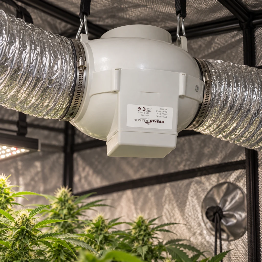 Extractor blanco Prima Klima suspendido entre conductos plateados en un armario de cultivo, sobre plantas y junto a un ventilador.