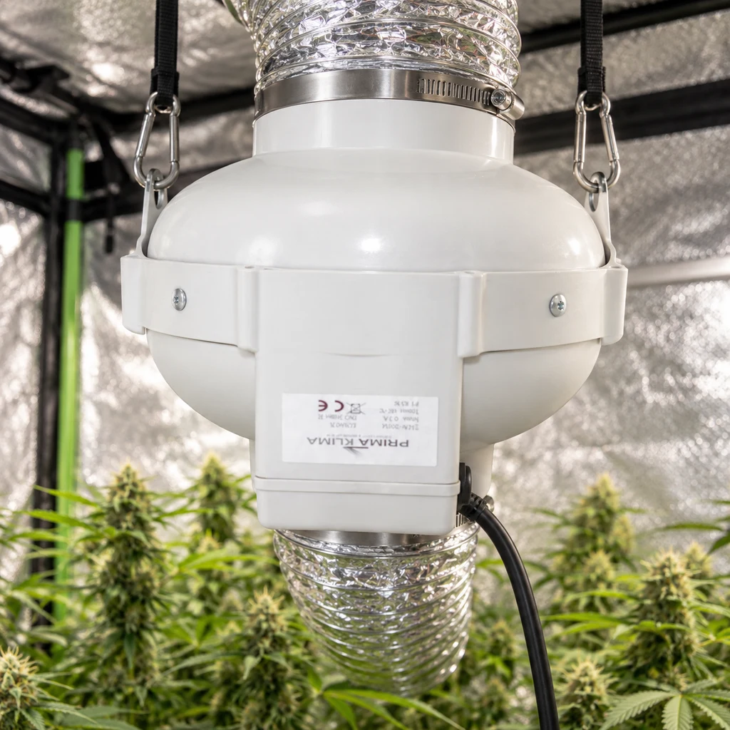 Extractor blanco Prima Klima suspendido con correas y conectado a conductos plateados en un armario de cultivo con plantas. Extractor blanco Prima Klima suspendido con correas y conectado a conductos plateados en un armario de cultivo con plantas.