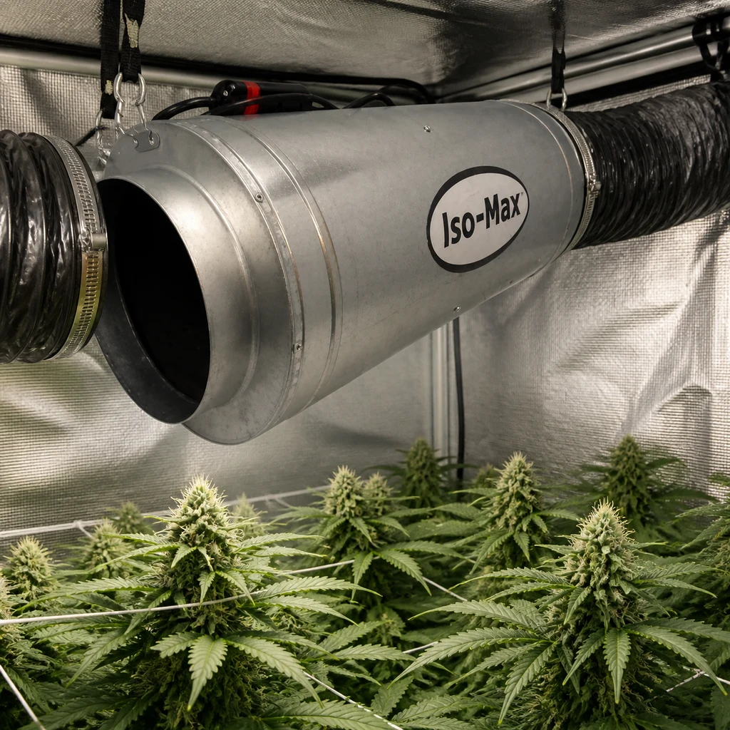 Escena generada del extractor ISO-MAX suspendido en un armario reflectante, con conductos negros y plantas en flor debajo.
