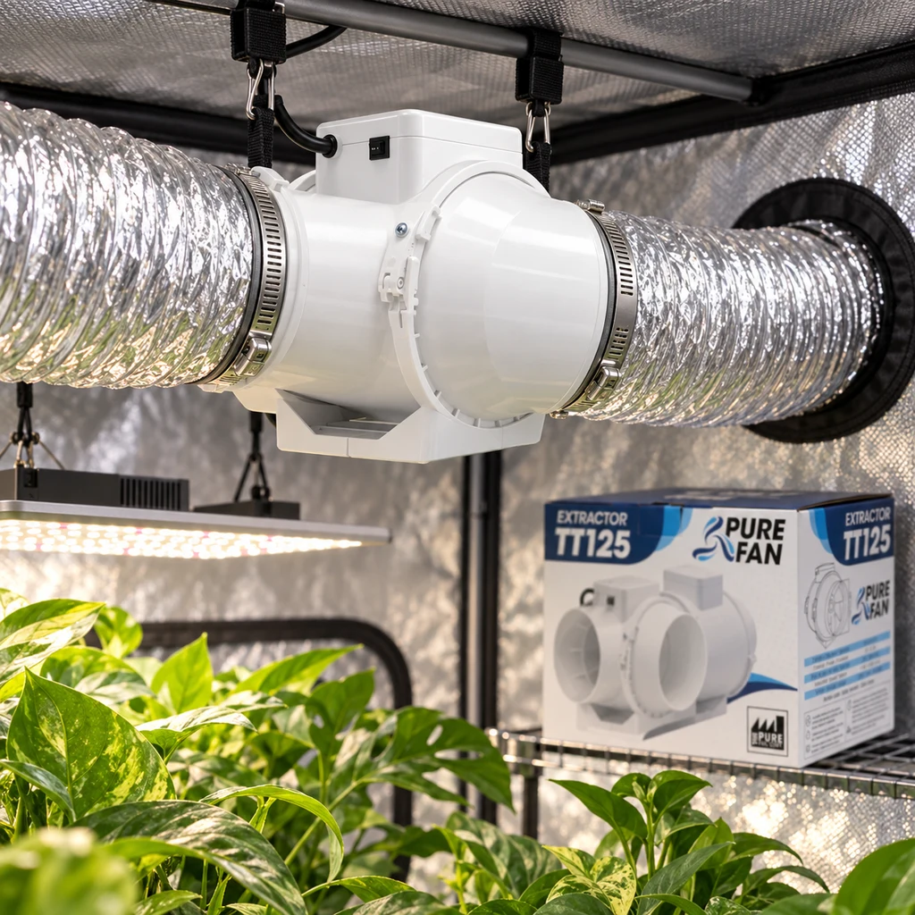 Extractor blanco Pure Fan TT125 suspendido entre conductos plateados en un armario de cultivo, con plantas, luz LED y su caja debajo.