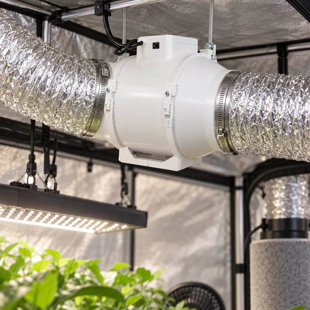 Extractor blanco conectado a dos conductos plateados y suspendido en un armario de cultivo, sobre una luminaria y plantas.