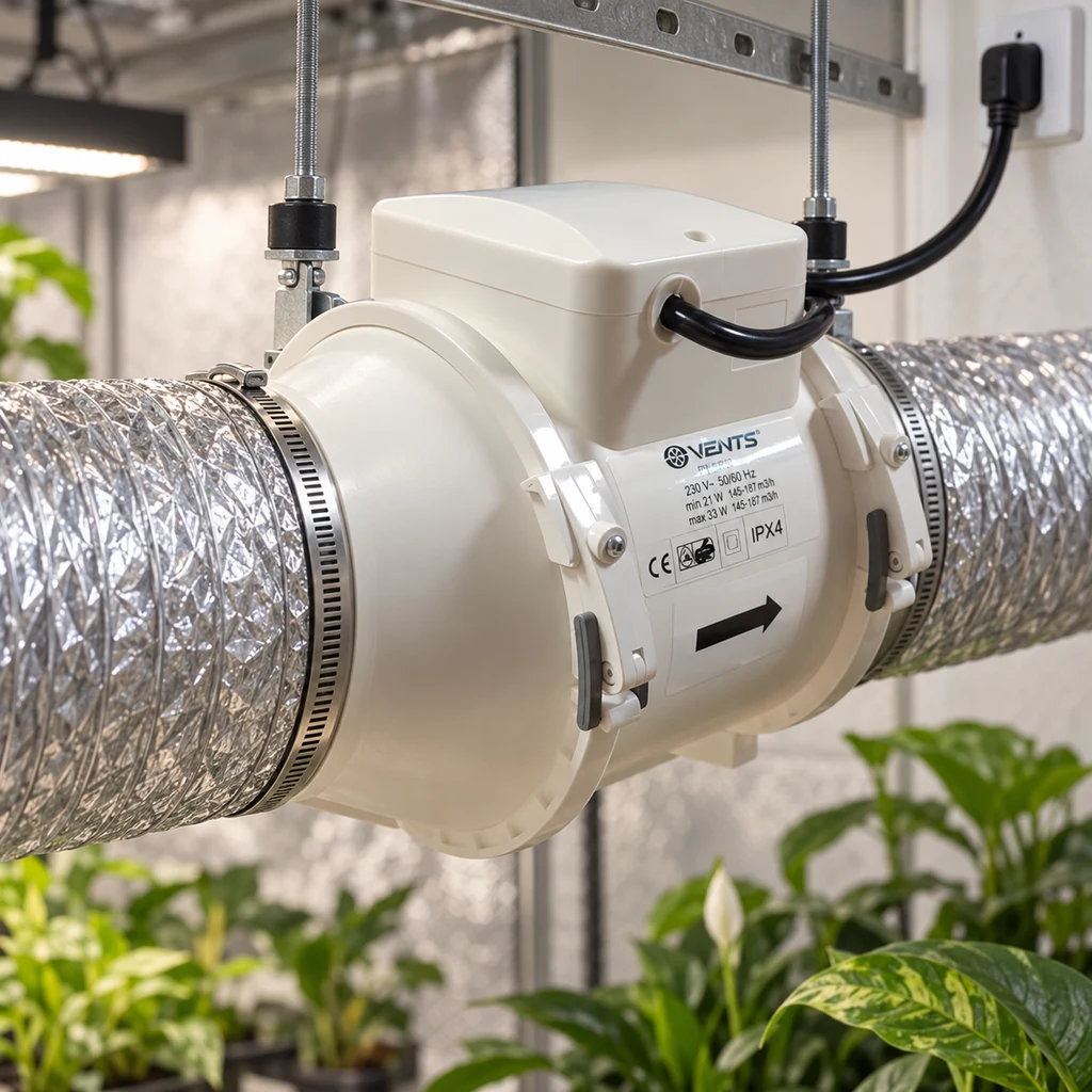 Extractor Vents blanco suspendido entre conductos plateados, con una flecha en la carcasa y plantas al fondo de un cultivo interior.