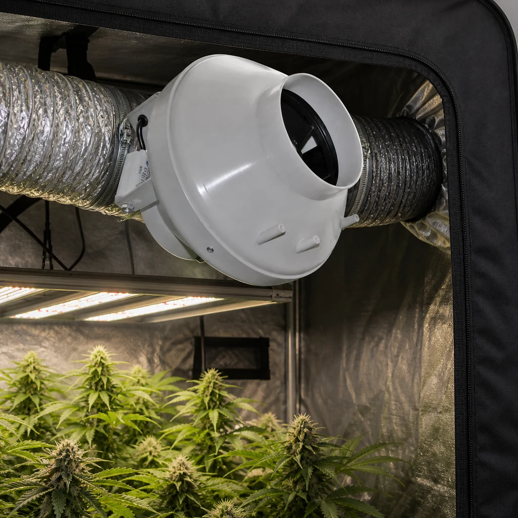 Extractor tubular RVK blanco entre conductos plateados, en la parte superior de un armario con iluminación y plantas de cannabis.