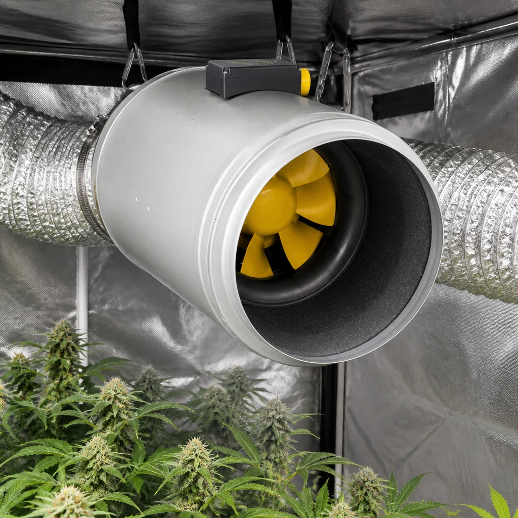 Escena generada de un extractor Q-Max Silent AC suspendido en un armario de cultivo, con aspas amarillas y conductos plateados.
