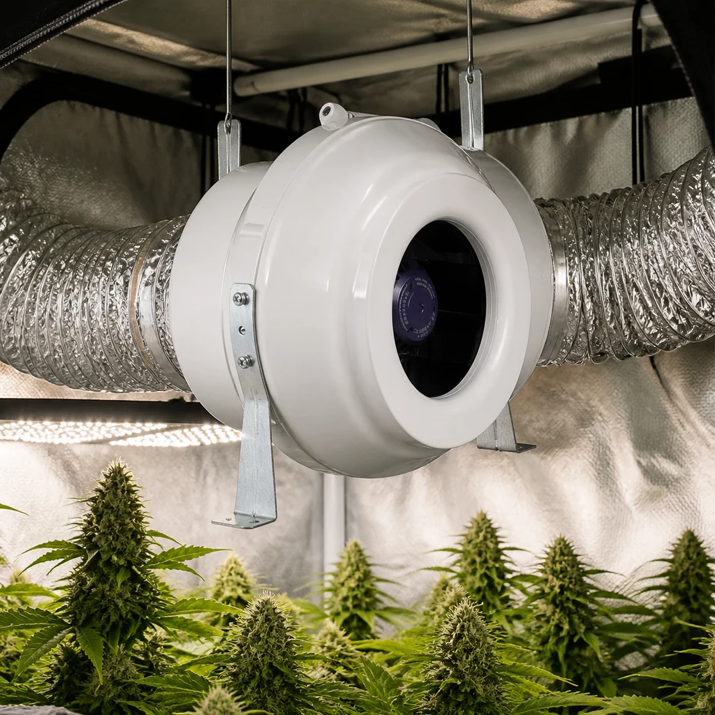 Extractor tubular blanco suspendido entre conductos plateados sobre plantas de cannabis en un armario de cultivo.