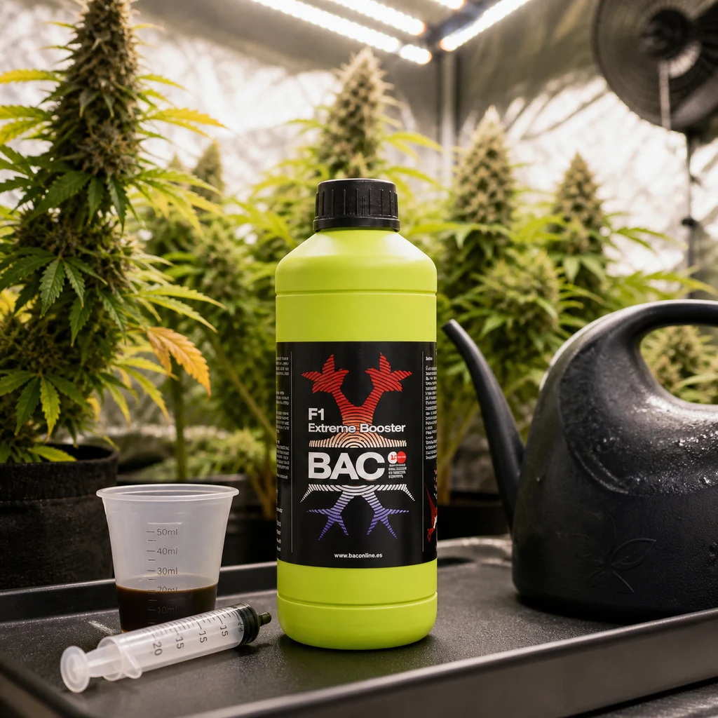 Escena generada con botella verde de BAC F1 Extreme Booster, vaso medidor, jeringa y regadera entre plantas en floración.