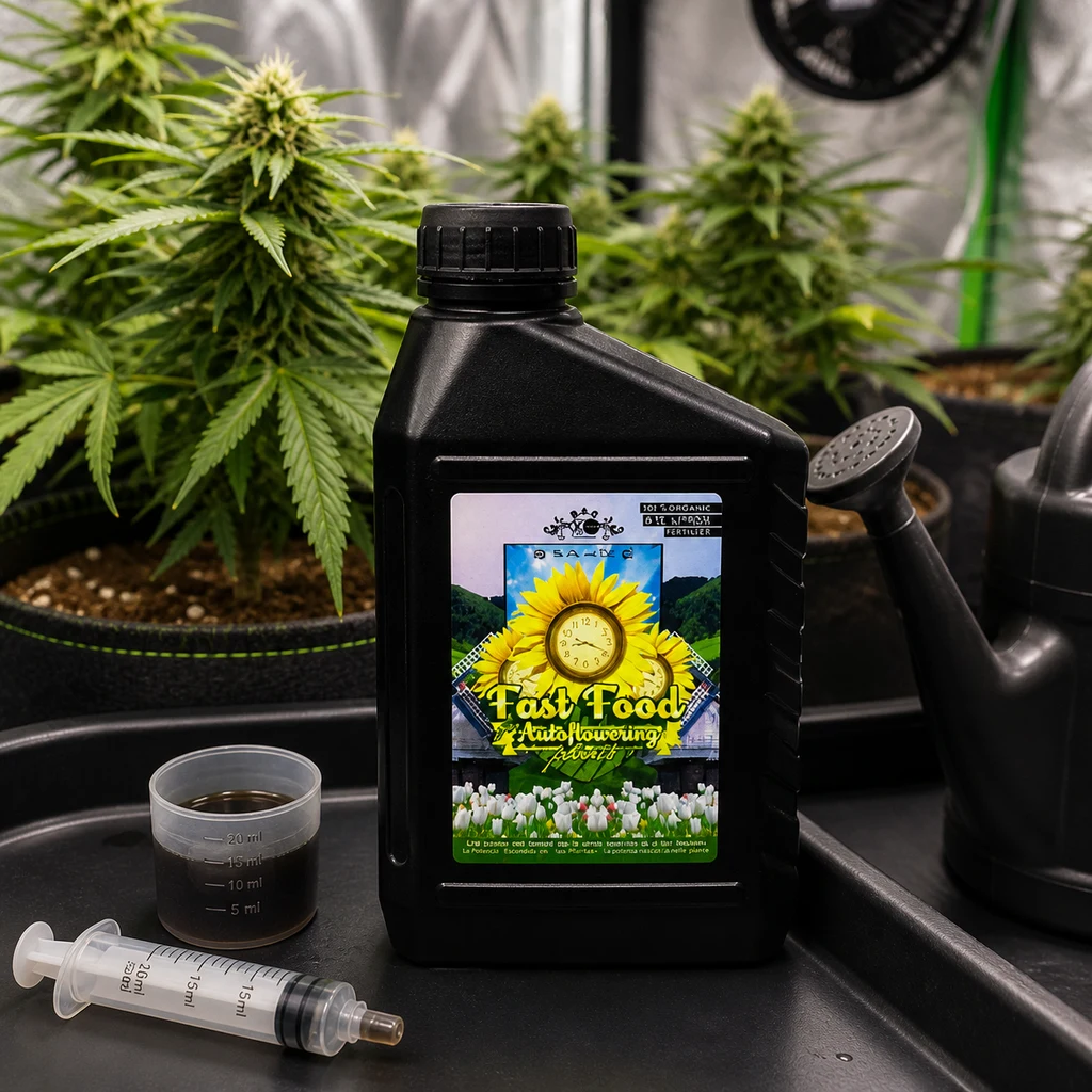 Escena generada de un bote negro BAC Fast Food con etiqueta de girasol, junto a un vaso dosificador, una jeringa y plantas en floración.