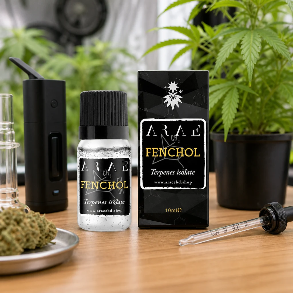 Frasco y caja de Fenchol sobre una mesa, con una pipeta delante, un vaporizador negro a la izquierda y plantas al fondo. Frasco y caja de Fenchol sobre una mesa, con una pipeta delante, un vaporizador negro a la izquierda y plantas al fondo.