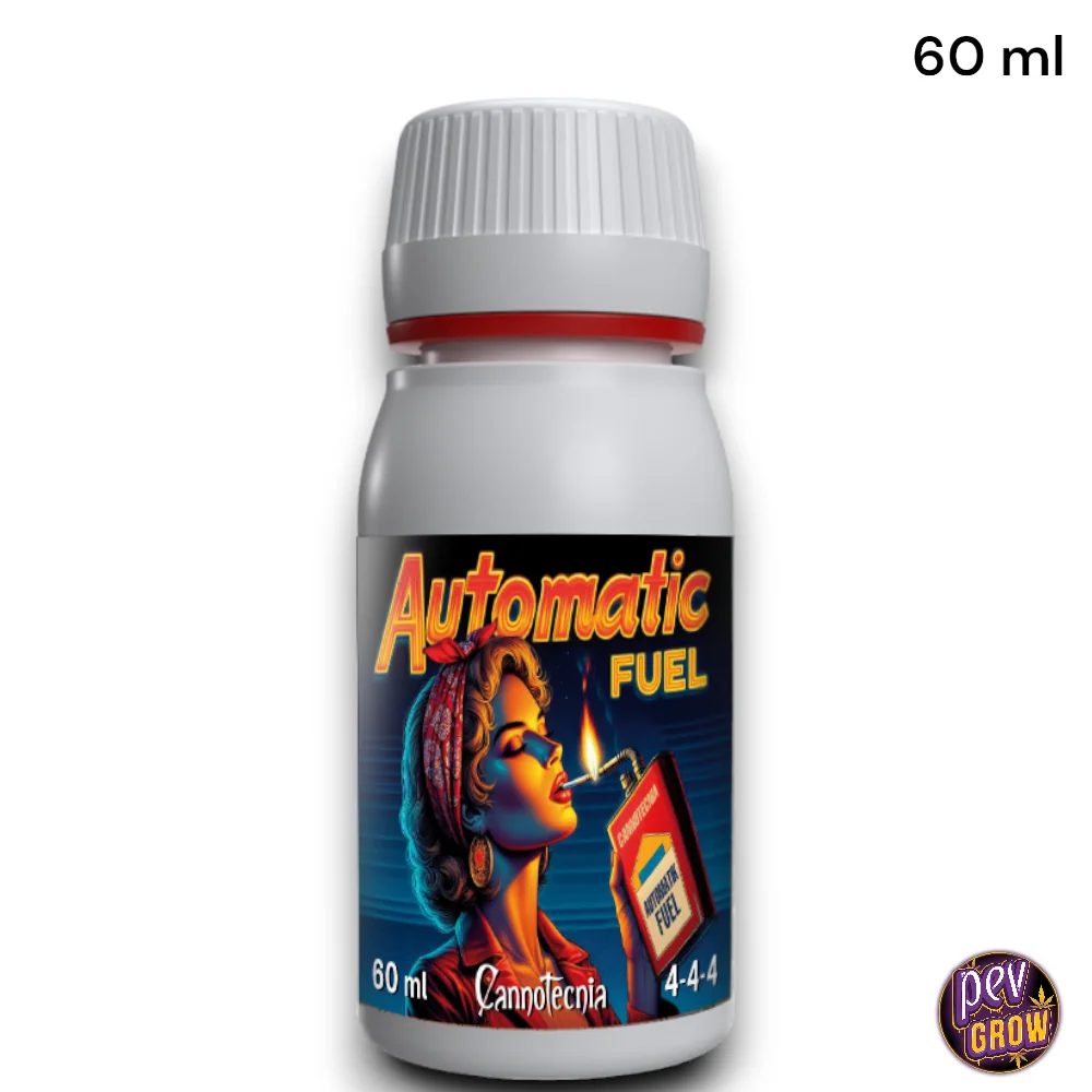 Bote de Automatic Fuel de Cannotecnia con tapón blanco, aro rojo y etiqueta negra ilustrada con una mujer y la fórmula 4-4-4.