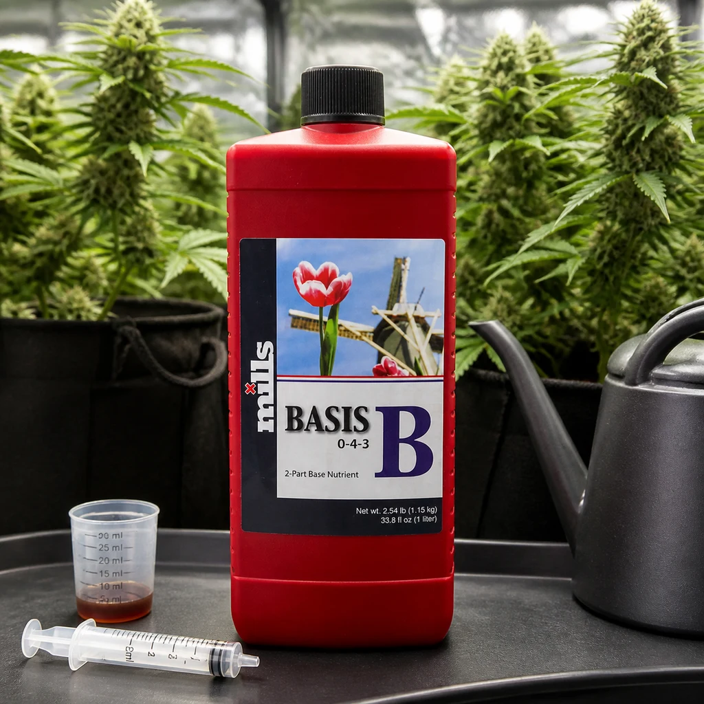 Botella roja de Mills Basis B con etiqueta 0-4-3, junto a un vaso dosificador, una jeringa y una regadera, entre plantas. Botella roja de Mills Basis B con etiqueta 0-4-3, junto a un vaso dosificador, una jeringa y una regadera, entre plantas.