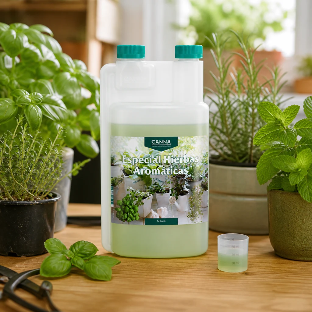 Envase de CANNA Especial Hierbas Aromáticas con tapones verdes, junto a un vaso dosificador y macetas de hierbas sobre una mesa de madera.