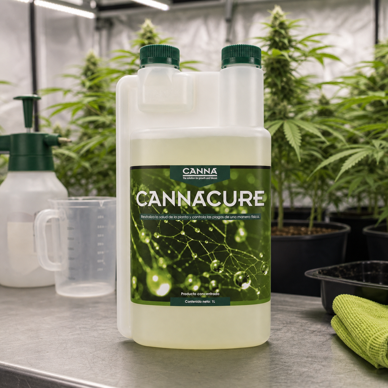 Envase de Canna Cure con etiqueta verde y doble tapón sobre una mesa, junto a un pulverizador y una jarra, con plantas al fondo. Envase de Canna Cure con etiqueta verde y doble tapón sobre una mesa, junto a un pulverizador y una jarra, con plantas al fondo.