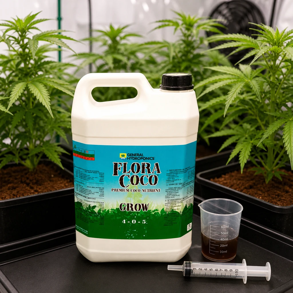 Escena generada de una garrafa Flora Coco Grow junto a un vaso graduado con líquido oscuro y una jeringa, entre plantas en macetas.