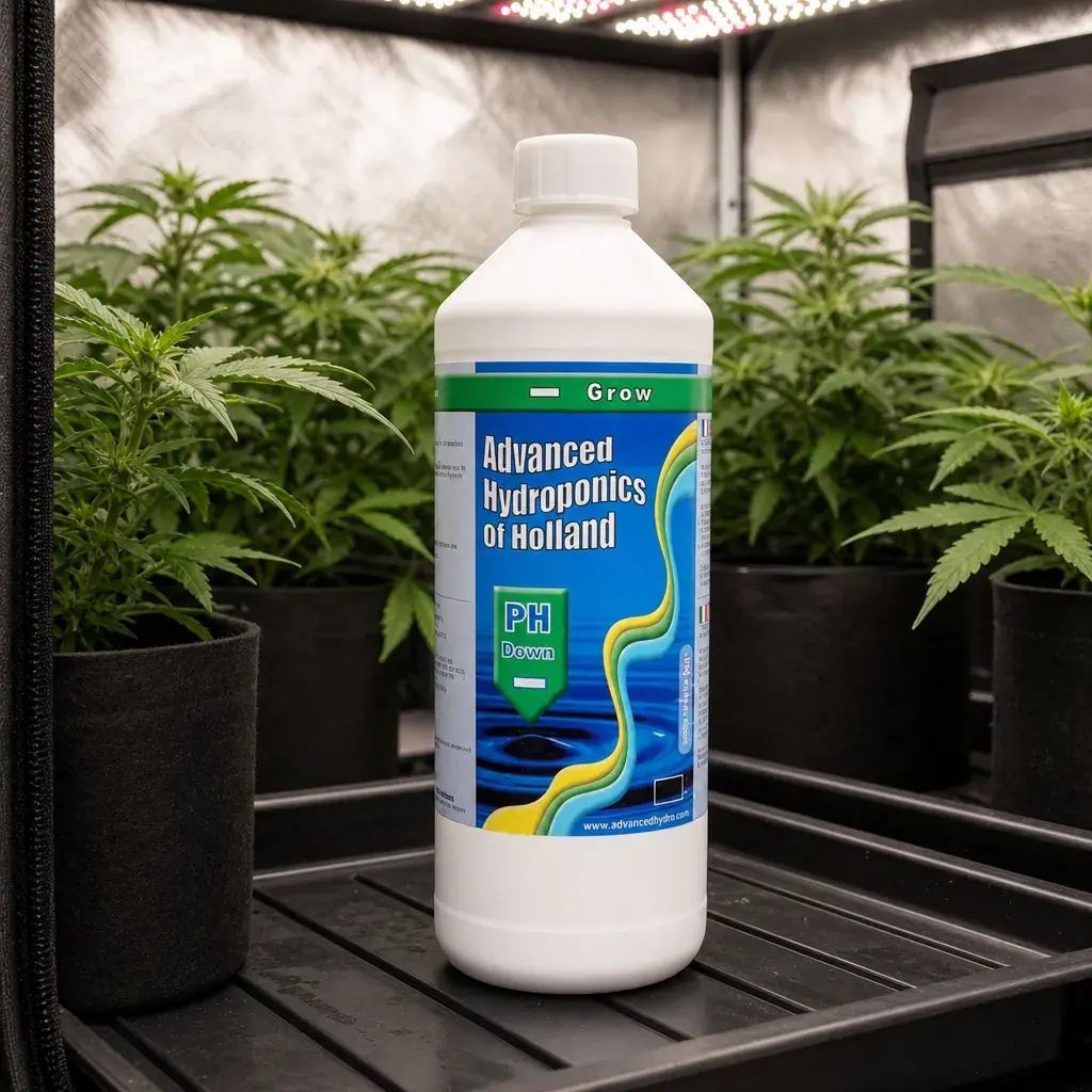 Botella blanca de Advanced Hydroponics of Holland con etiqueta «pH Down Grow», entre macetas en un armario de cultivo.