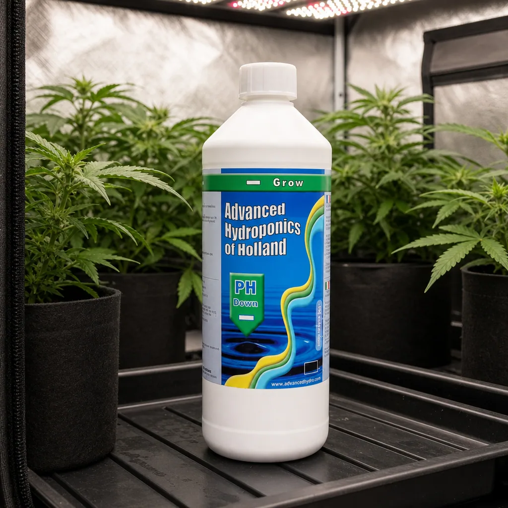Botella blanca de Advanced Hydroponics of Holland con etiqueta «pH Down Grow», entre macetas en un armario de cultivo.