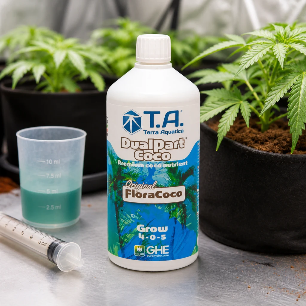 Botella de DualPart Coco Grow de Terra Aquatica junto a un vaso graduado con líquido verde y una jeringa, con plantas al fondo.