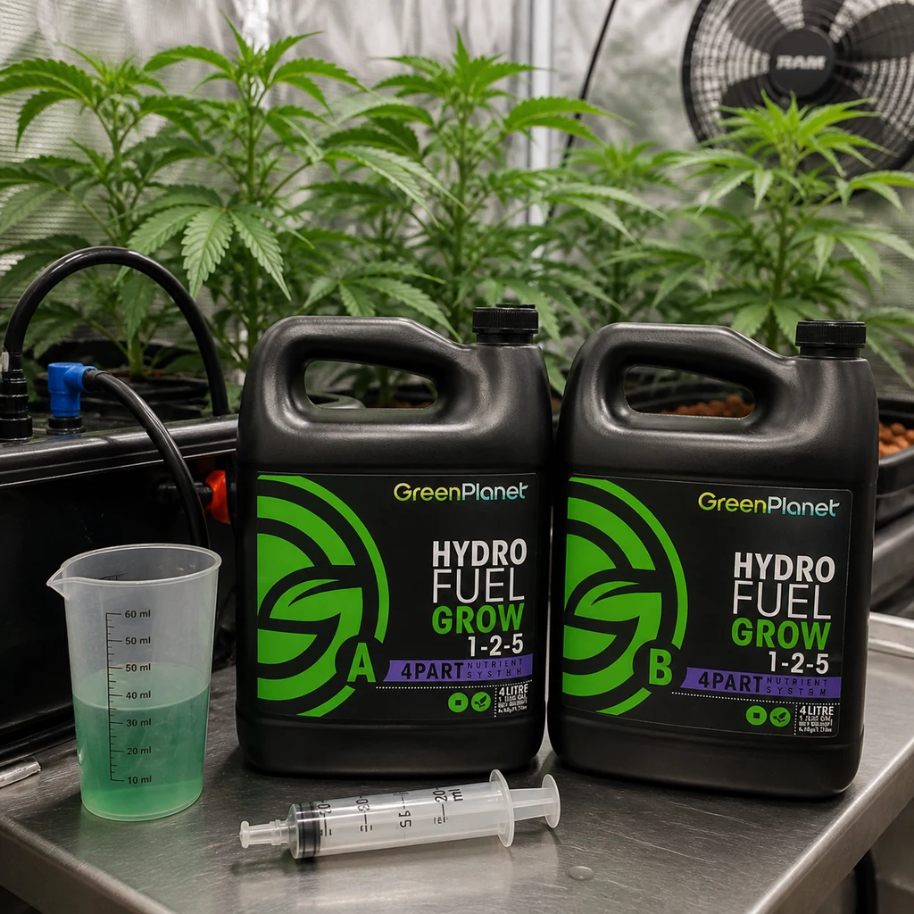 Dos garrafas Hydro Fuel Grow A y B de Green Planet junto a un vaso graduado con líquido verde y una jeringa, con plantas al fondo.