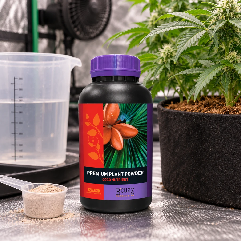 Bote de Premium Plant Powder Coco de Atami con tapa morada, junto a una cuchara con polvo, una jarra y una planta en maceta.