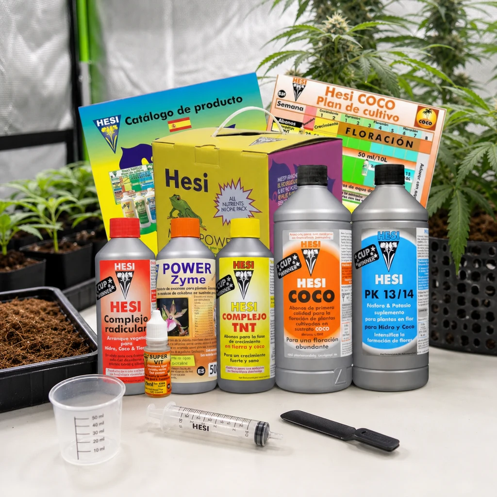 Hesi Starter Box Coco con varios botes, caja, catálogo y tabla de cultivo, junto a un vaso medidor y una jeringa, entre plantas.