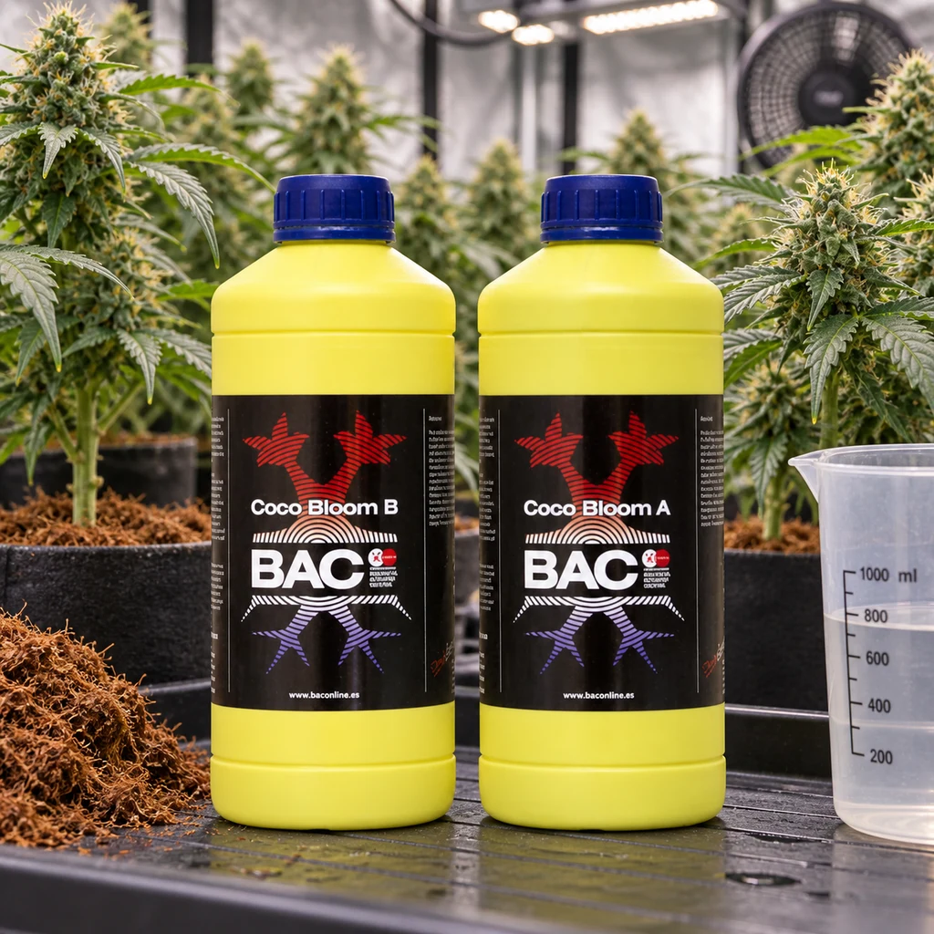 Botellas amarillas BAC Coco Bloom B y A con tapones azules, junto a una jarra graduada y plantas en un cultivo interior.