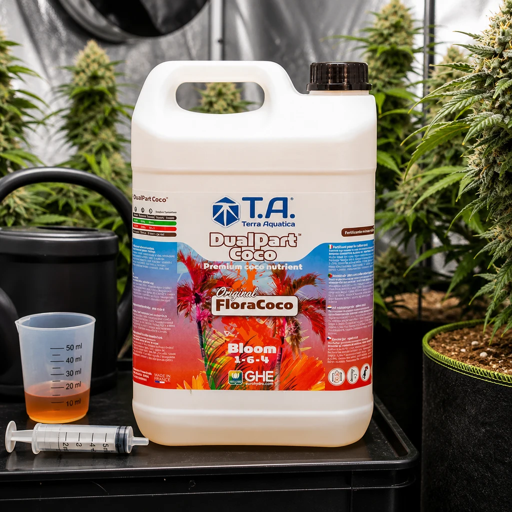 Garrafa de DualPart Coco Bloom de Terra Aquatica junto a un vaso medidor y una jeringa, con plantas al fondo.