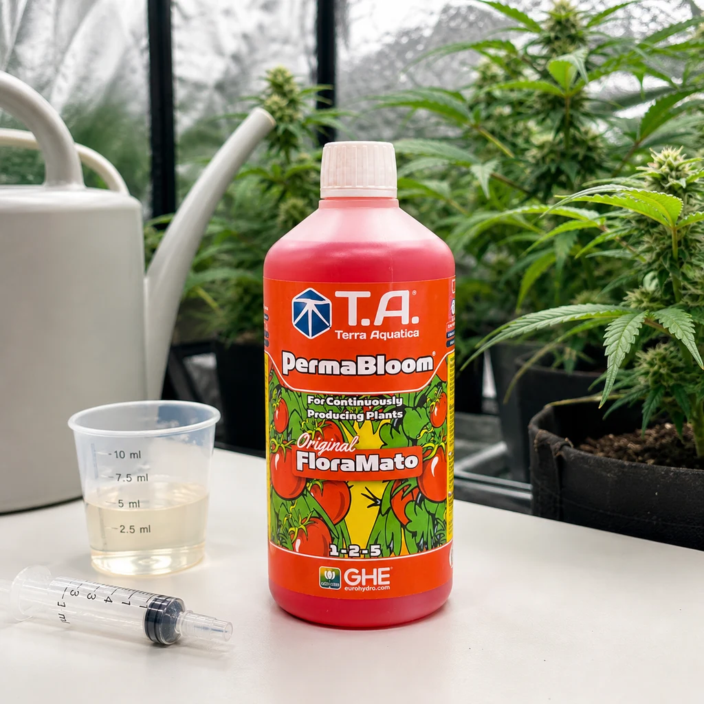 Botella de PermaBloom Terra Aquatica con etiqueta roja, junto a un vaso graduado, una jeringa y una regadera, con plantas al fondo.