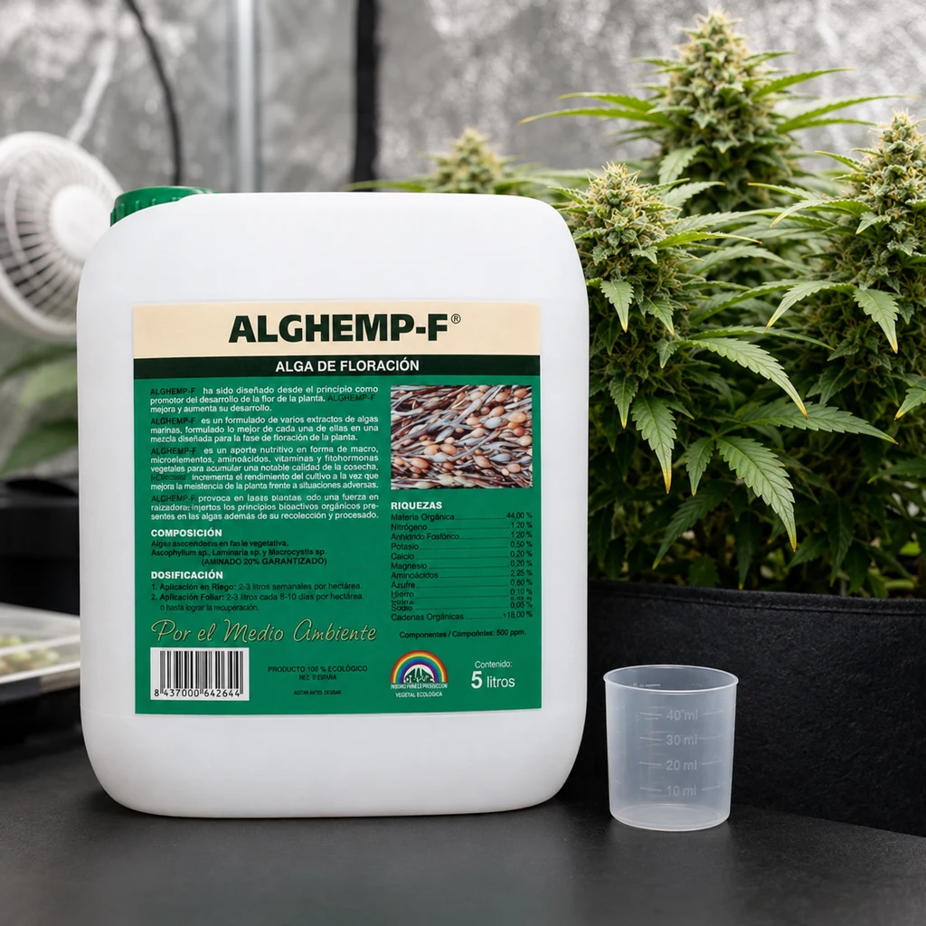 Garrafa de Alghemp Floración de Trabe con etiqueta verde y vaso medidor, delante de plantas con cogollos en un armario de cultivo.