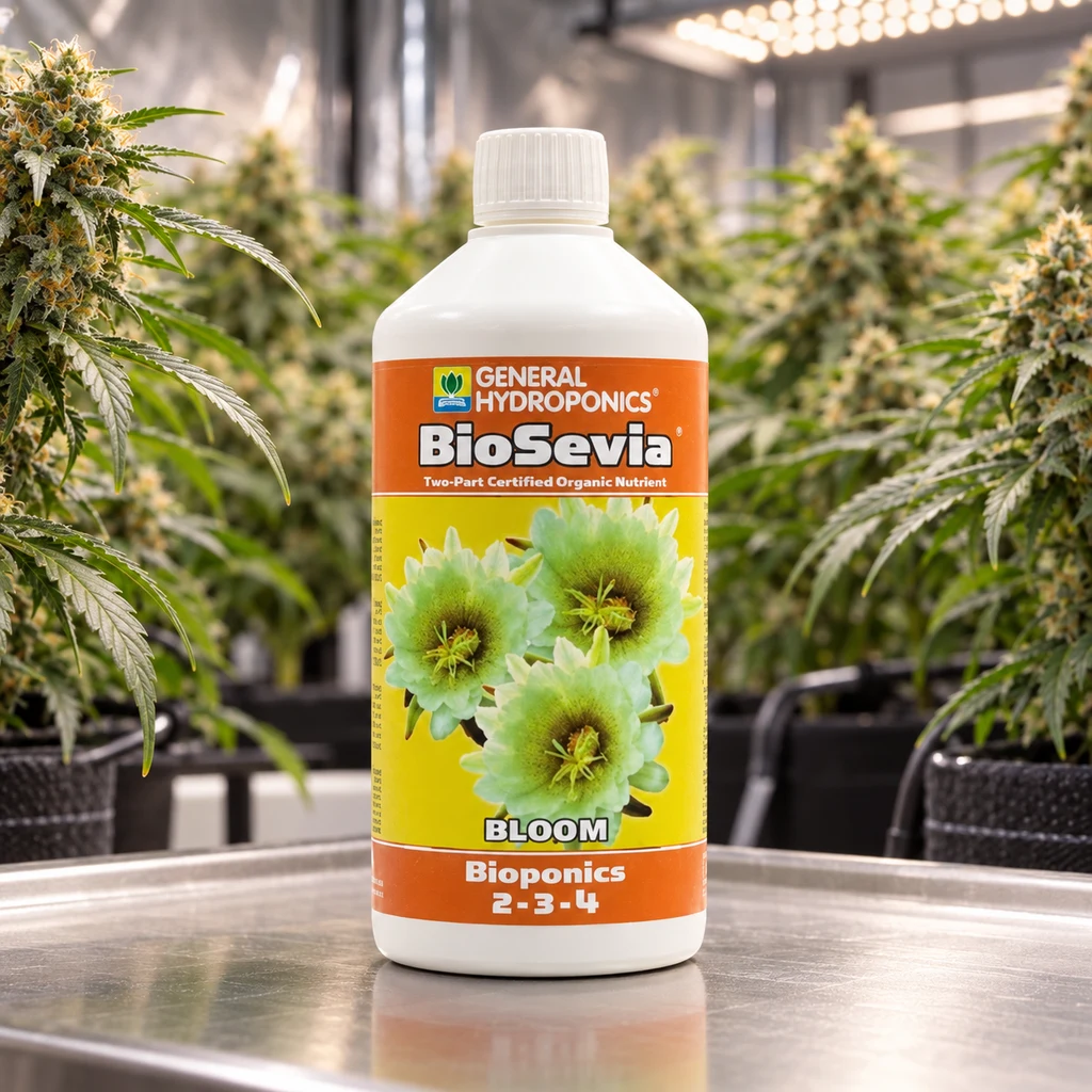 Botella de Biosevia Bloom con etiqueta naranja y amarilla sobre una mesa metálica, rodeada de plantas en un cultivo interior.