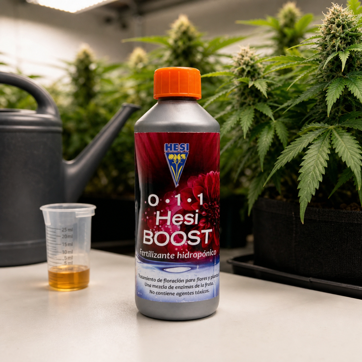 Botella de Hesi Boost con tapón naranja junto a un vaso medidor con líquido y una regadera, delante de plantas de cannabis en flor. Botella de Hesi Boost con tapón naranja junto a un vaso medidor con líquido y una regadera, delante de plantas de cannabis en flor.