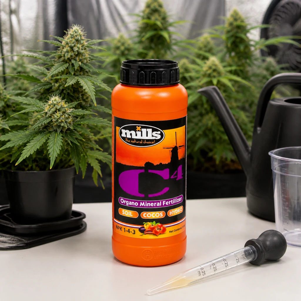 Bote naranja de Mills C4 sobre una mesa, junto a una pipeta, un vaso medidor y una regadera, con plantas en flor al fondo. Bote naranja de Mills C4 sobre una mesa, junto a una pipeta, un vaso medidor y una regadera, con plantas en flor al fondo.