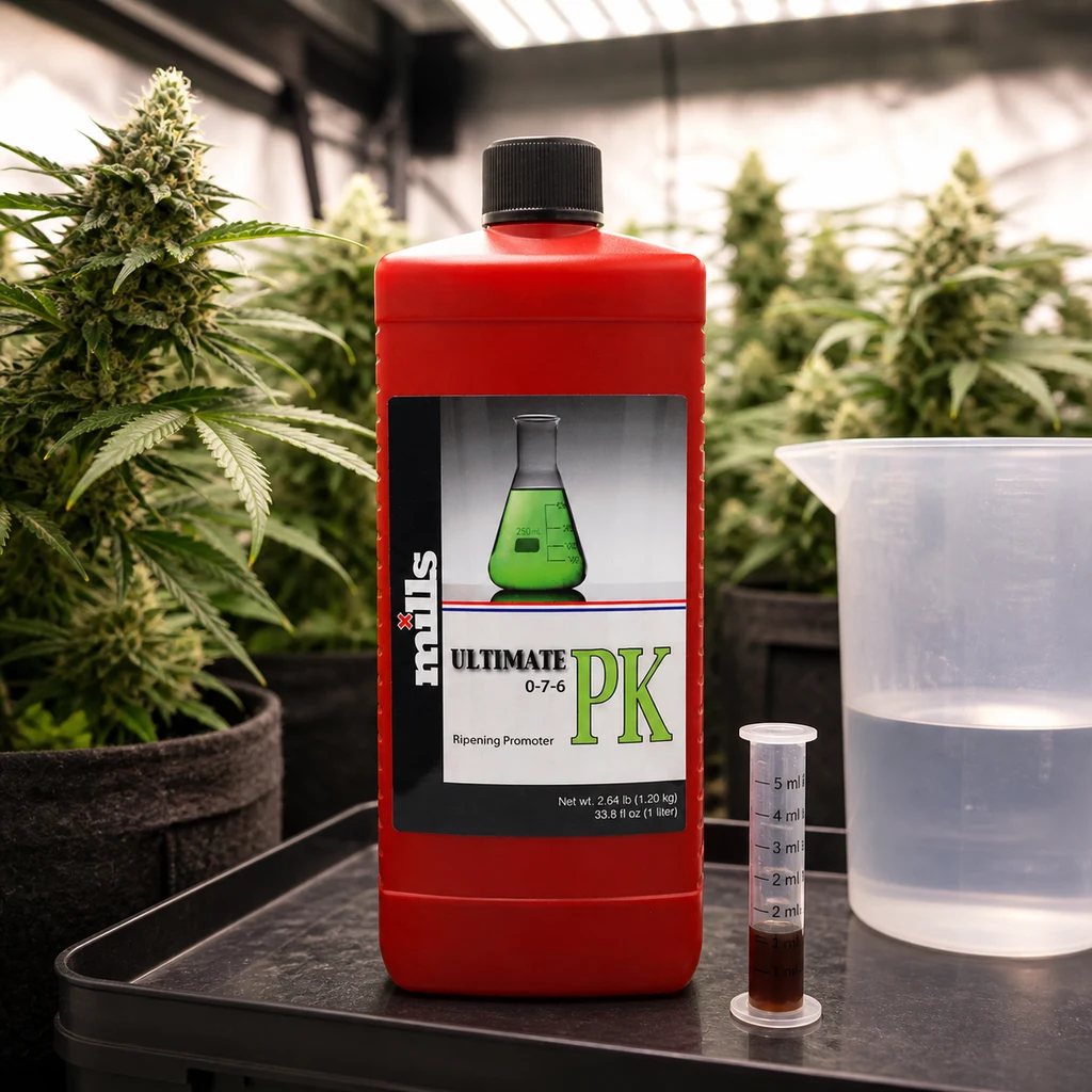 Envase rojo de Ultimate PK Mills Nutrients junto a una probeta con líquido oscuro y una jarra con agua, ante plantas de cannabis.