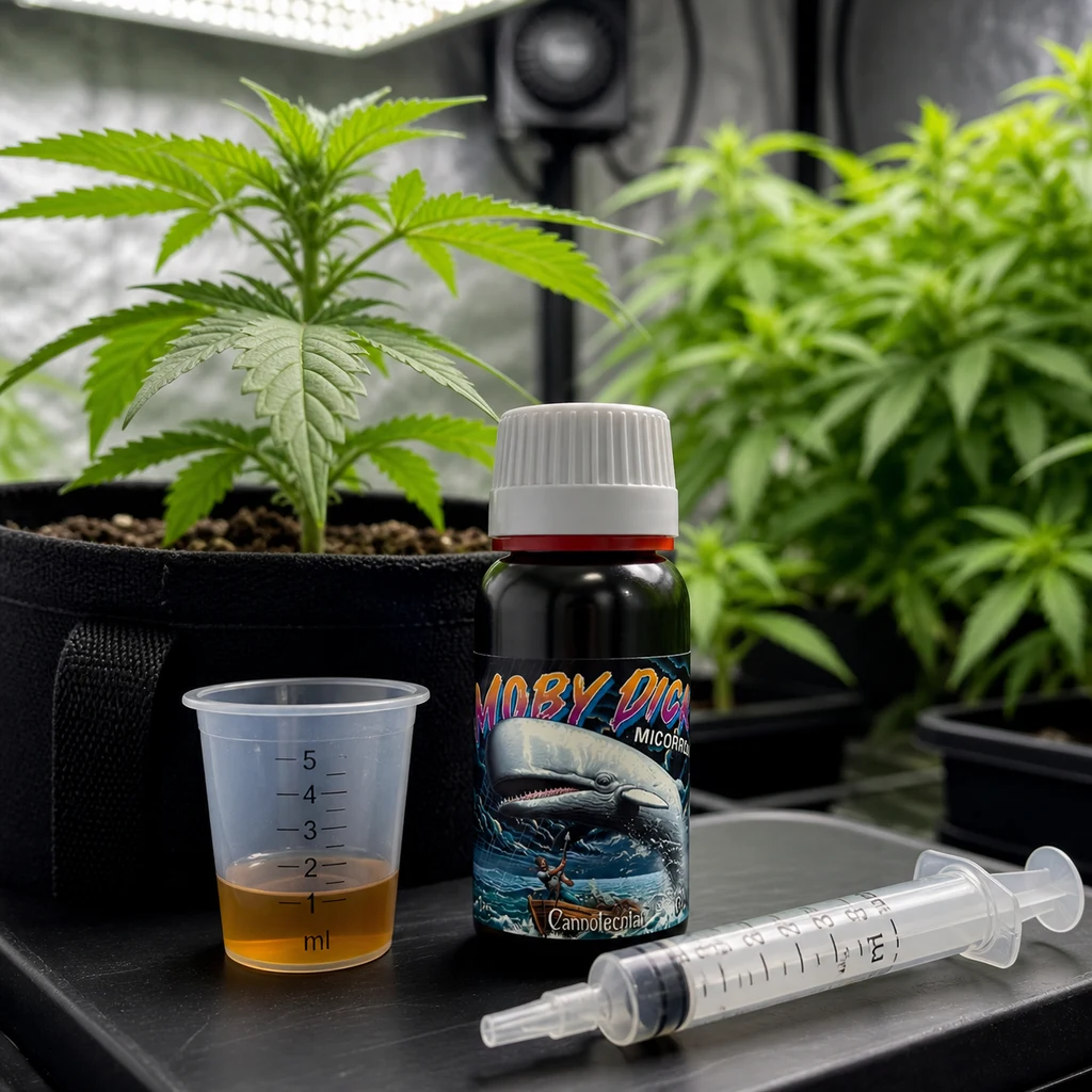 Bote de fertilizante Moby Dick Cannotecnia junto a un vaso graduado con líquido ámbar y una jeringa, con plantas al fondo.