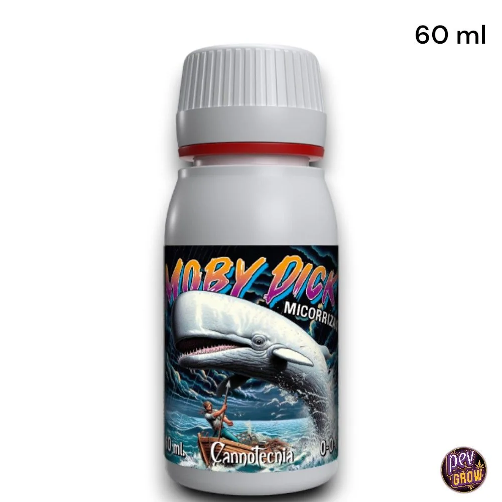 Bote de fertilizante Moby Dick Cannotecnia de 60 ml, con tapón blanco y etiqueta ilustrada con una ballena entre olas.