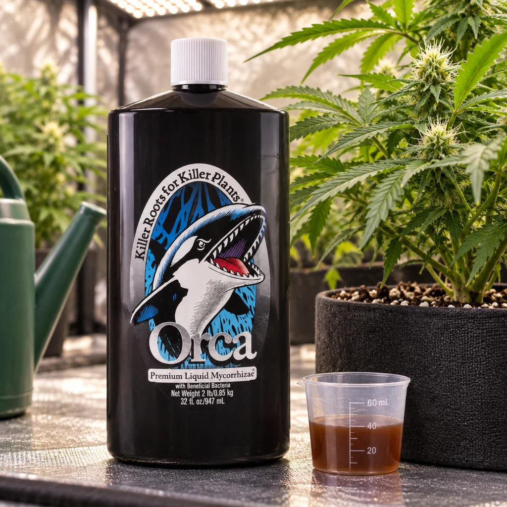 Botella negra de Orca Mycorrhizae con dibujo de una orca, junto a un vaso graduado con líquido marrón y una planta en maceta. Botella negra de Orca Mycorrhizae con dibujo de una orca, junto a un vaso graduado con líquido marrón y una planta en maceta.