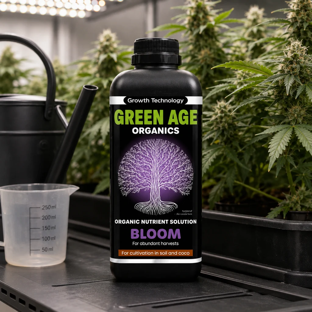 Botella negra Green Age Organics Bloom junto a un vaso medidor y una regadera, con plantas de cannabis en flor al fondo.