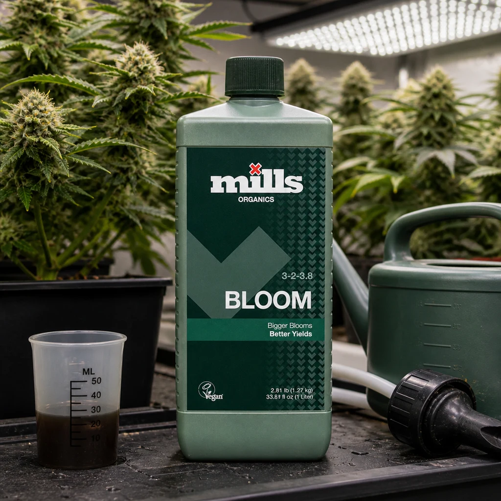 Botella verde de Mills Orga Bloom junto a un vaso medidor y una regadera, con plantas de cannabis bajo luces al fondo.