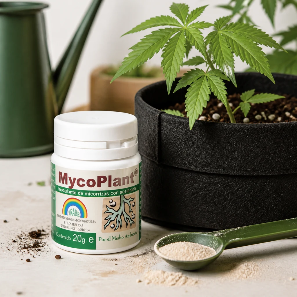 Bote de Mycoplant Trabe junto a una planta de cannabis en maceta negra y una cuchara verde con gránulos claros. Bote de Mycoplant Trabe junto a una planta de cannabis en maceta negra y una cuchara verde con gránulos claros.