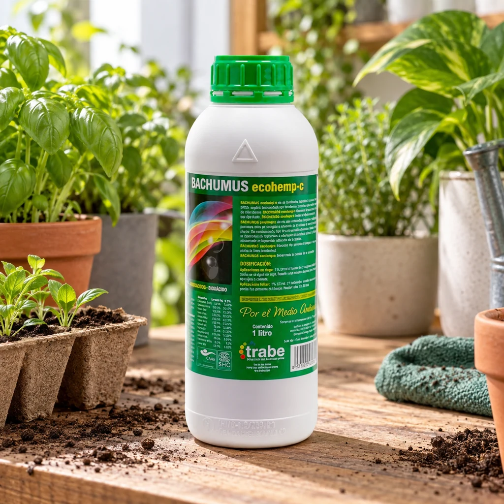 Botella de Bachumus Ecohemp Crecimiento de Trabe con tapón verde, sobre una mesa con tierra, semilleros y plantas en macetas.