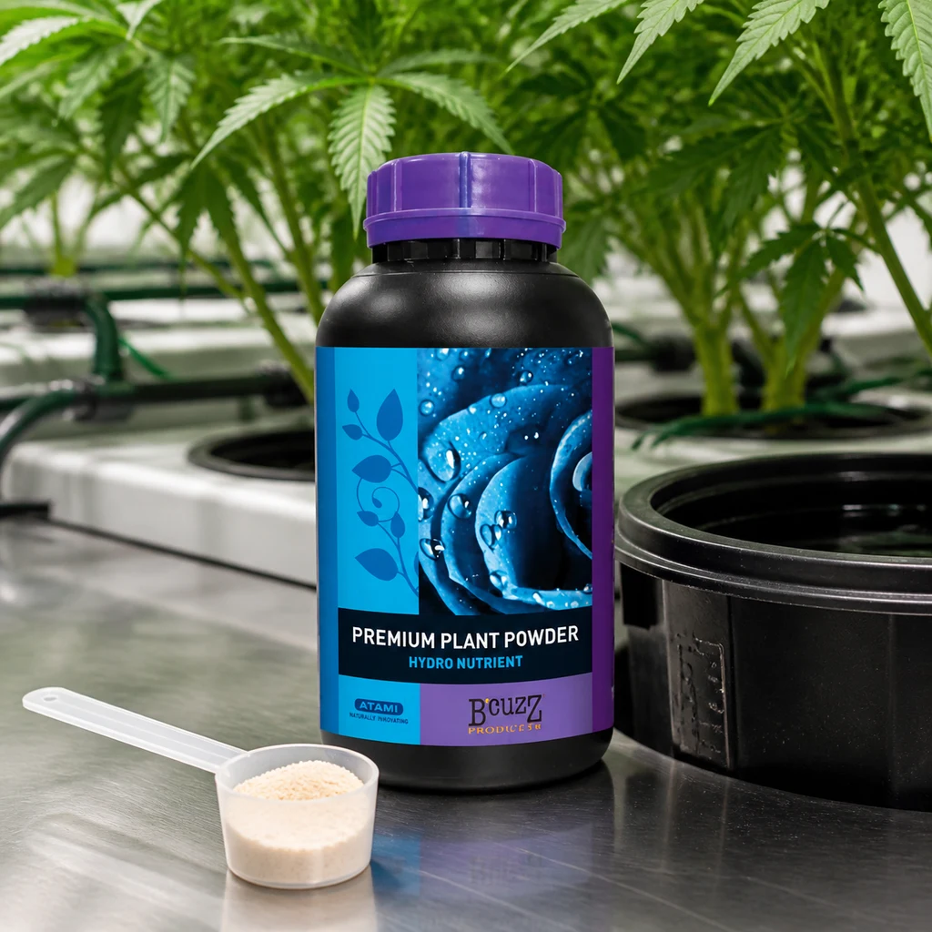 Bote de Premium Plant Powder Hydro de Atami con tapón morado, junto a una cuchara con polvo y plantas en macetas.