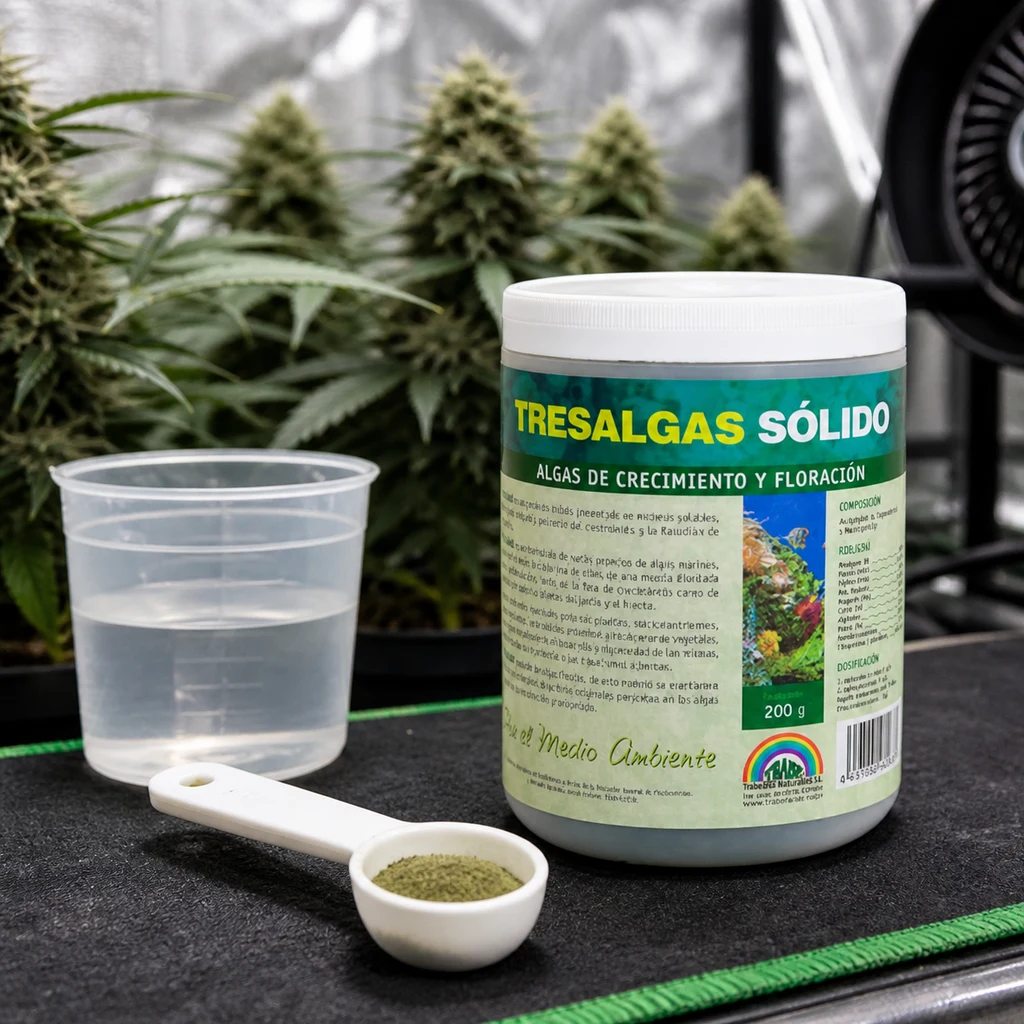 Bote de Tresalgas Sólido de Trabe junto a una cuchara con polvo verdoso y un vaso con agua, con plantas de cannabis al fondo.