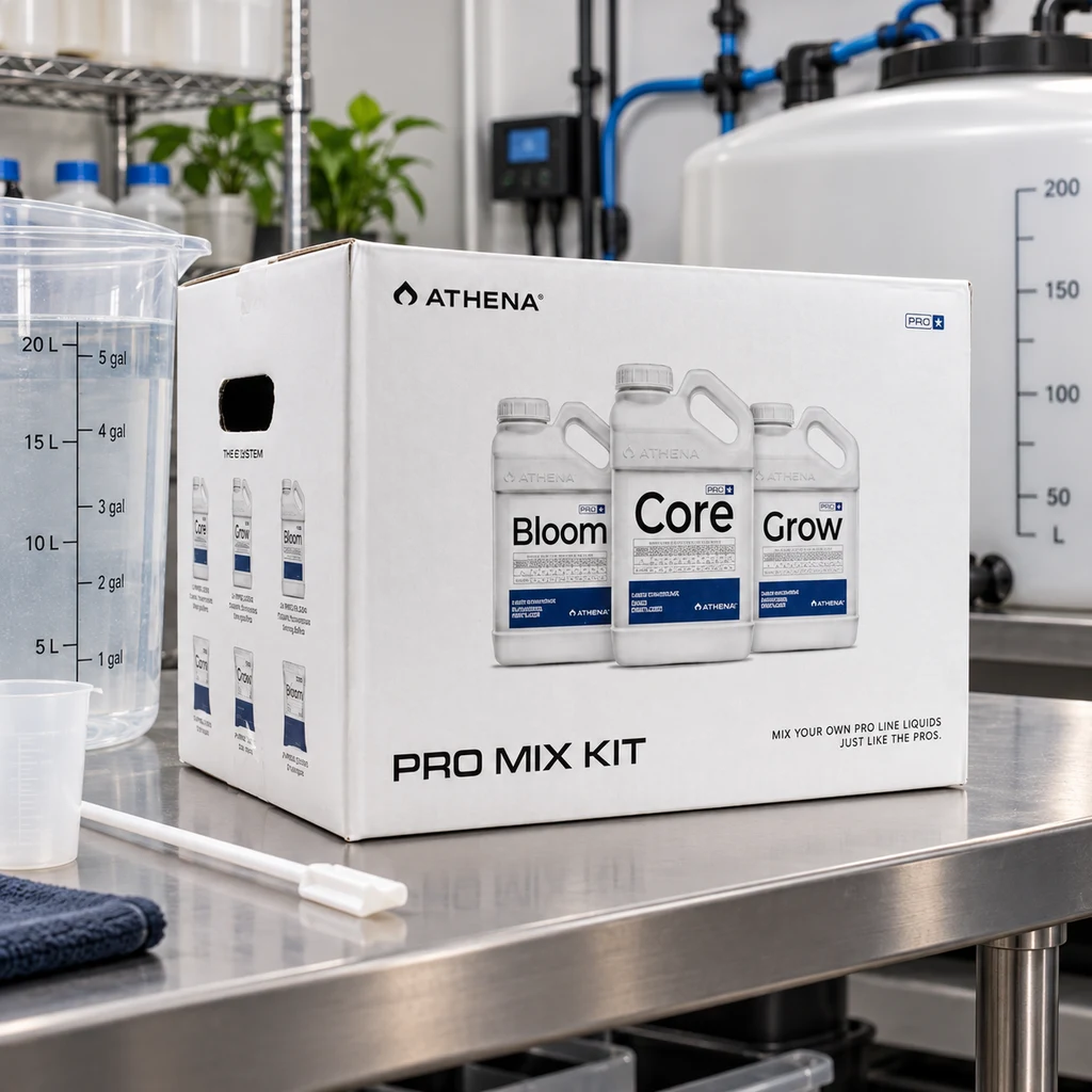 Caja Athena Pro Mix Kit sobre una mesa metálica, con los envases Bloom, Core y Grow impresos y un depósito al fondo. Caja Athena Pro Mix Kit sobre una mesa metálica, con los envases Bloom, Core y Grow impresos y un depósito al fondo.