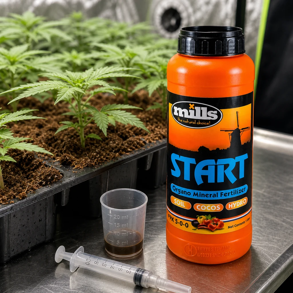 Bote naranja de Mills Start junto a un vaso dosificador y una jeringa, con plantas jóvenes al fondo, en una escena generada. Bote naranja de Mills Start junto a un vaso dosificador y una jeringa, con plantas jóvenes al fondo, en una escena generada.