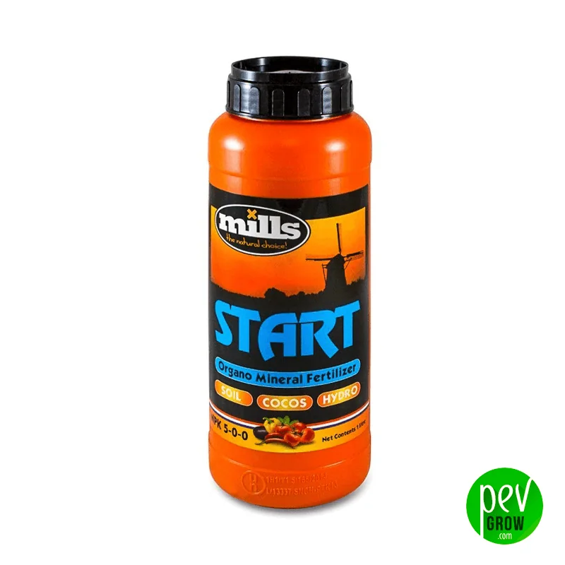 Bote naranja de Start Mills Nutrients con tapón negro y etiqueta con un molino, el nombre START en azul y los textos Soil, Cocos e Hydro.