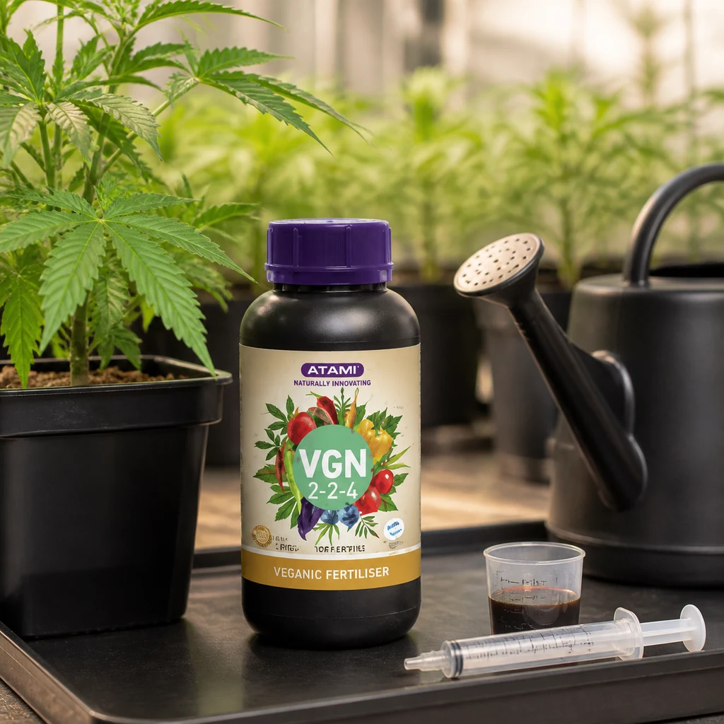 Botella de fertilizante Atami VGN 2-2-4 con tapón morado, junto a una planta en maceta, una regadera, un vaso medidor y una jeringa. Botella de fertilizante Atami VGN 2-2-4 con tapón morado, junto a una planta en maceta, una regadera, un vaso medidor y una jeringa.