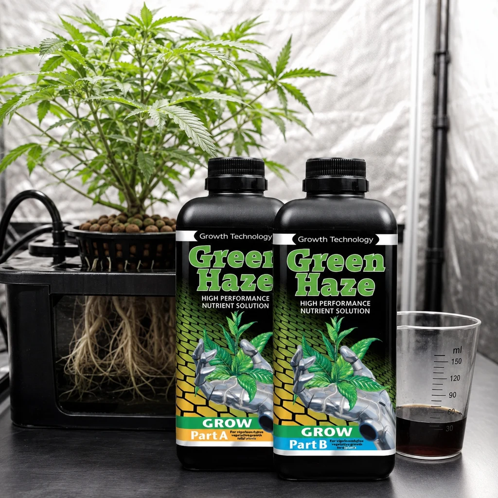 Botellas Green Haze Grow Part A y Part B junto a un vaso graduado y una planta con raíces visibles en un recipiente de cultivo.