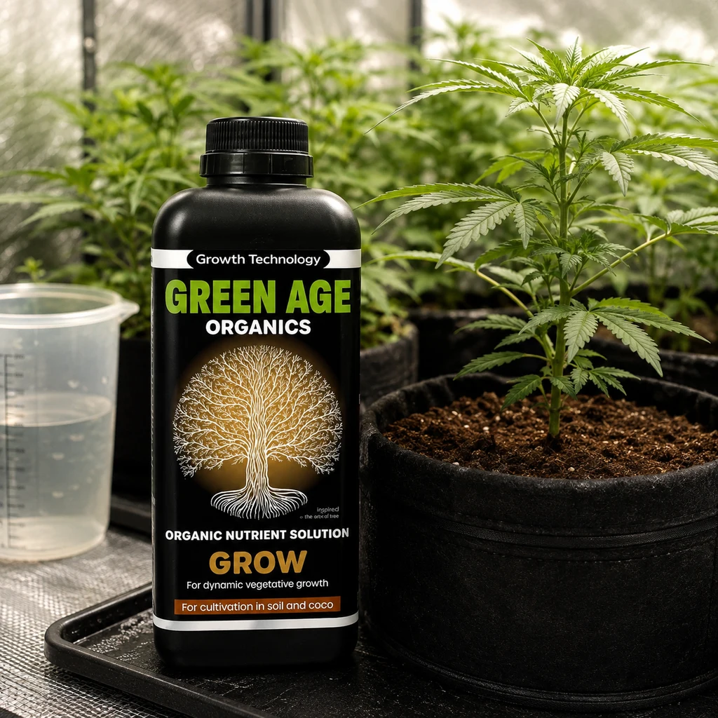Botella negra de Green Age Organic Grow junto a una planta de cannabis en maceta textil y un vaso medidor, dentro de un cultivo interior.