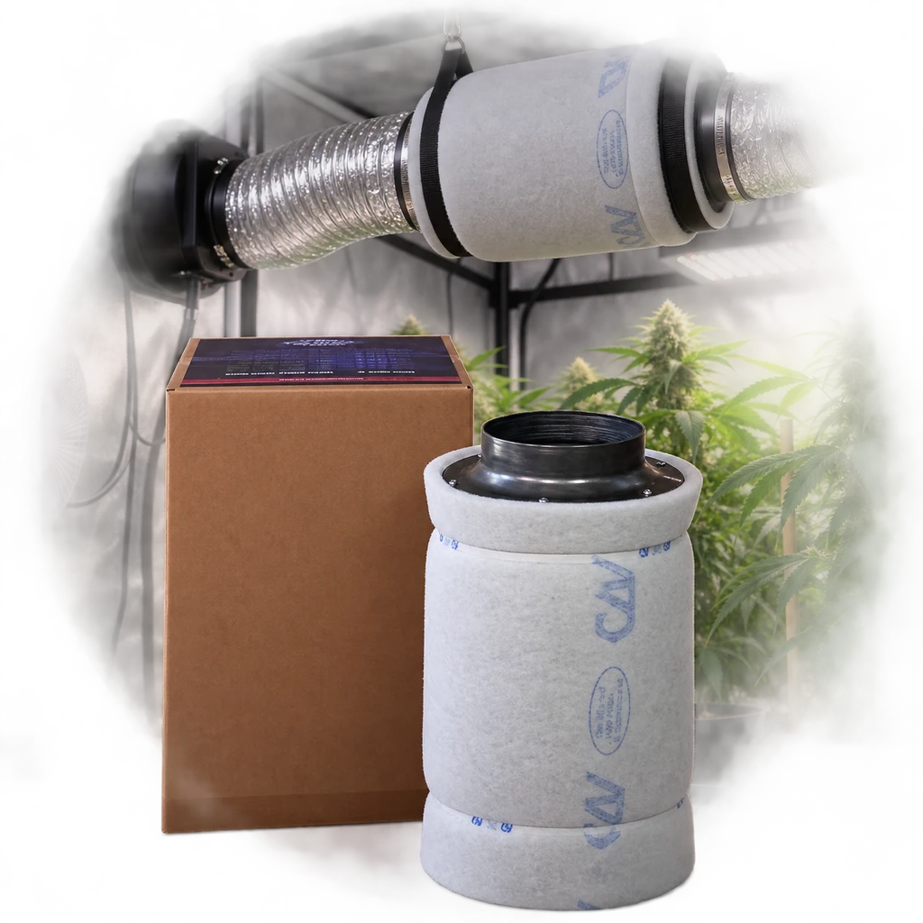 Filtro Can-Lite cilíndrico junto a su caja; al fondo, otro filtro conectado a un conducto en un armario de cultivo.
