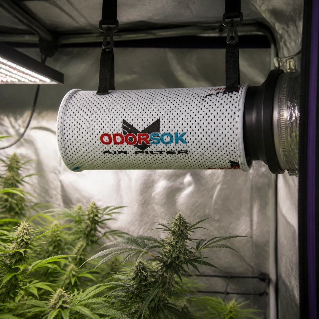 Escena generada de un filtro Odorsok suspendido con correas y conectado a un conducto en un armario de cultivo con plantas.