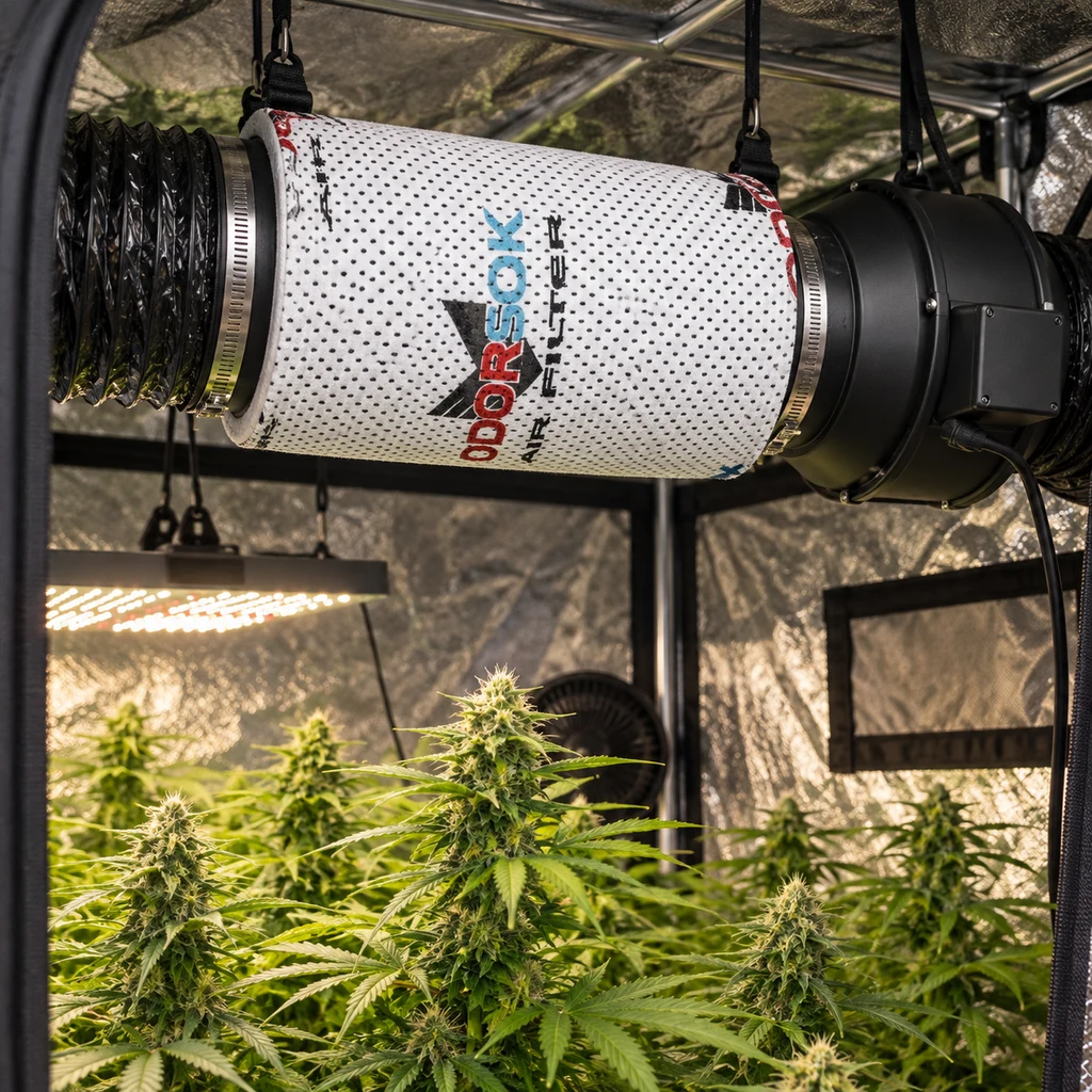 Filtro cilíndrico Odorsok suspendido en un armario de cultivo, conectado a un conducto y un extractor sobre plantas e iluminación.
