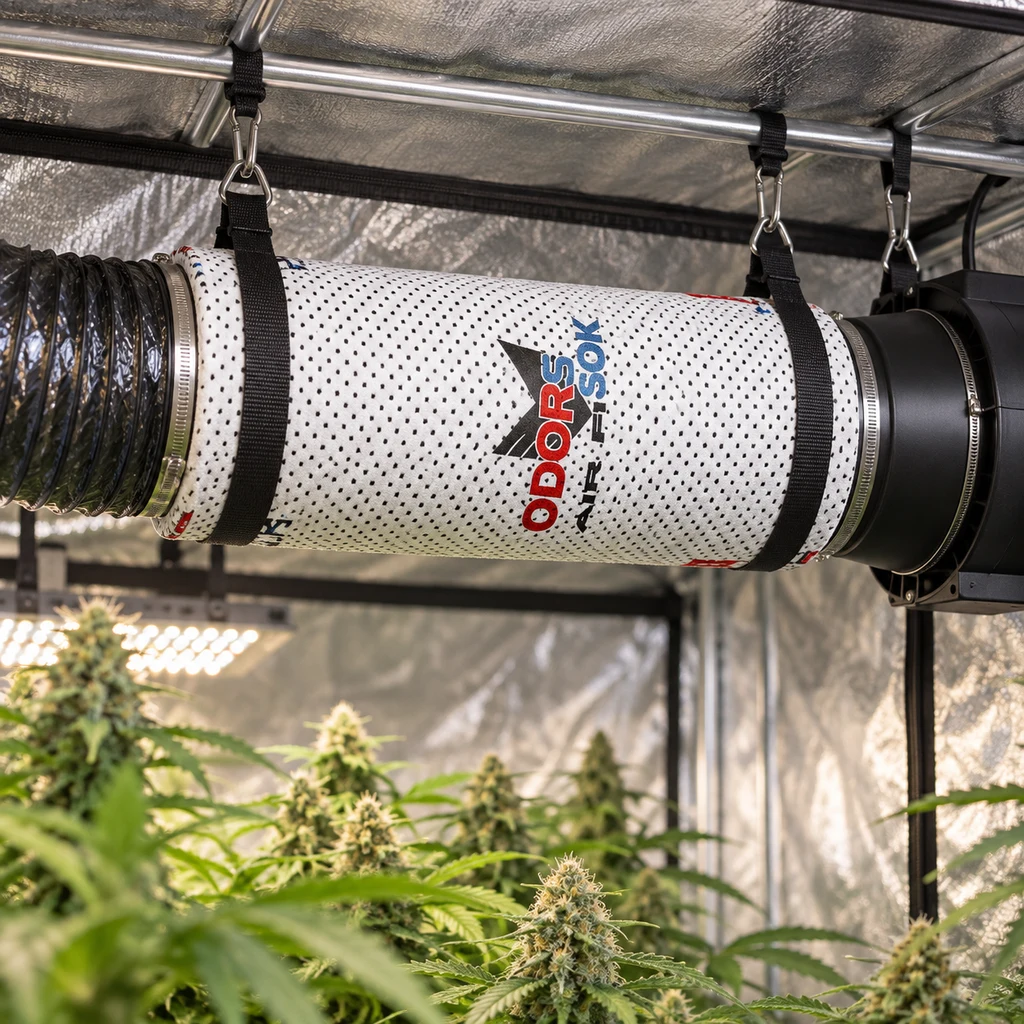 Filtro cilíndrico Odorsok con cubierta blanca perforada, suspendido con correas y conectado a un conducto y un extractor sobre las plantas.